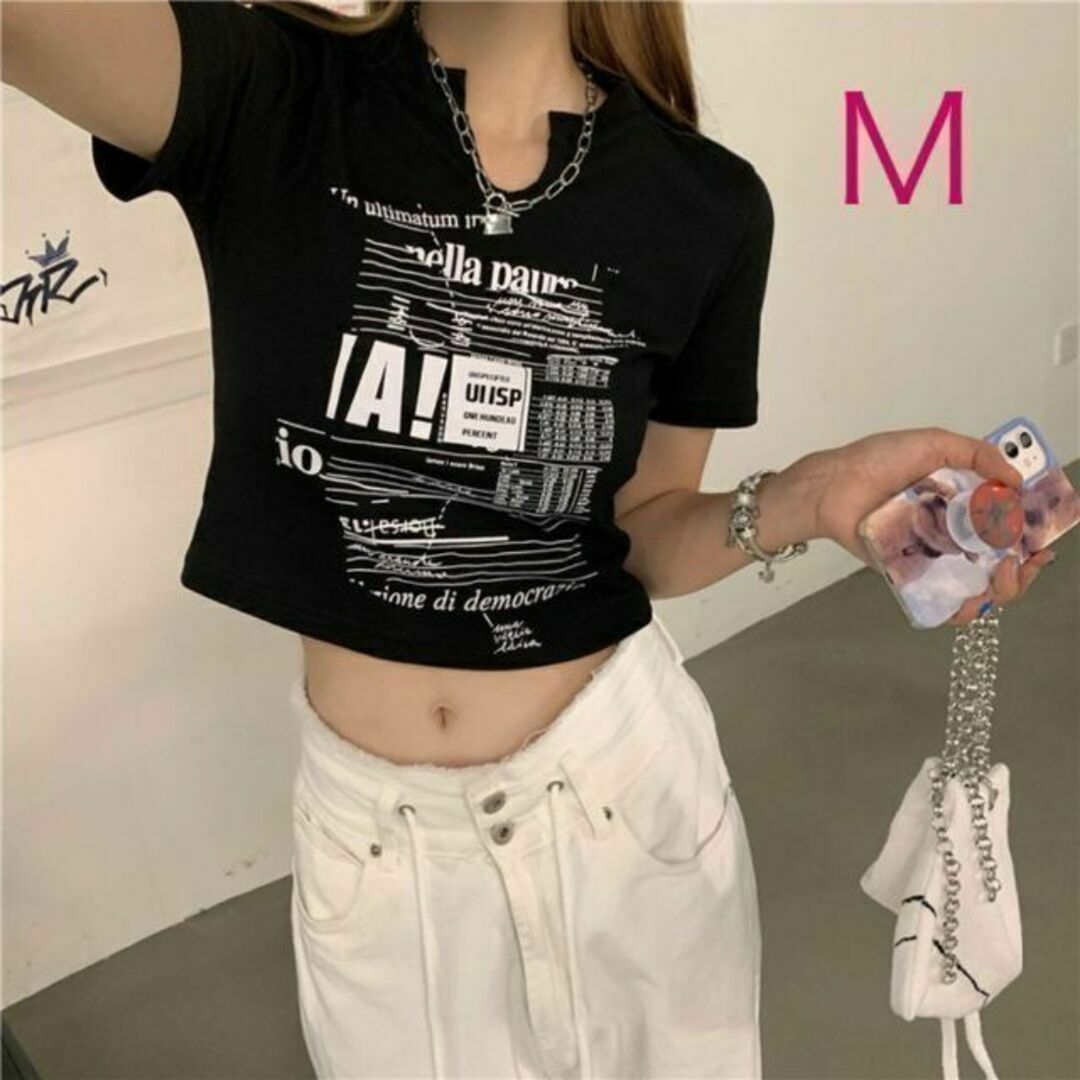 ストリートファッション　レディースチビＴ　カッコイイ☆ ブラック　Ｍサイズ レディースのトップス(Tシャツ(半袖/袖なし))の商品写真