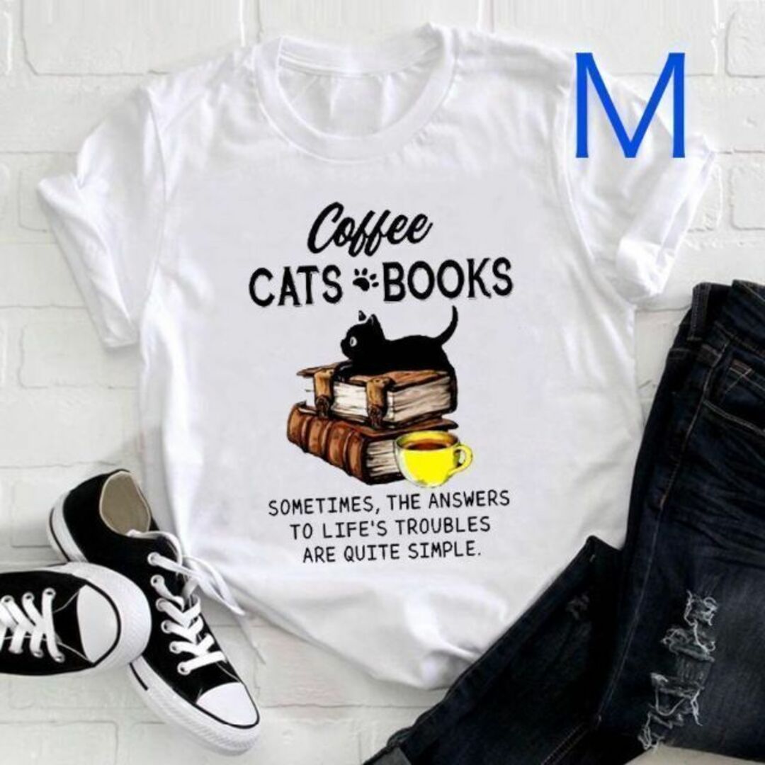 Tシャツ 可愛い黒猫子猫　ブックプリントＴシャツ ホワイト　Ｍ/L レディースのトップス(Tシャツ(半袖/袖なし))の商品写真