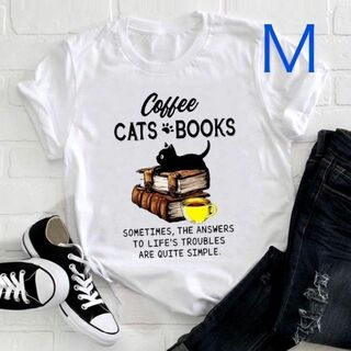 Tシャツ 可愛い黒猫子猫　ブックプリントＴシャツ ホワイト　Ｍ/L(Tシャツ(半袖/袖なし))