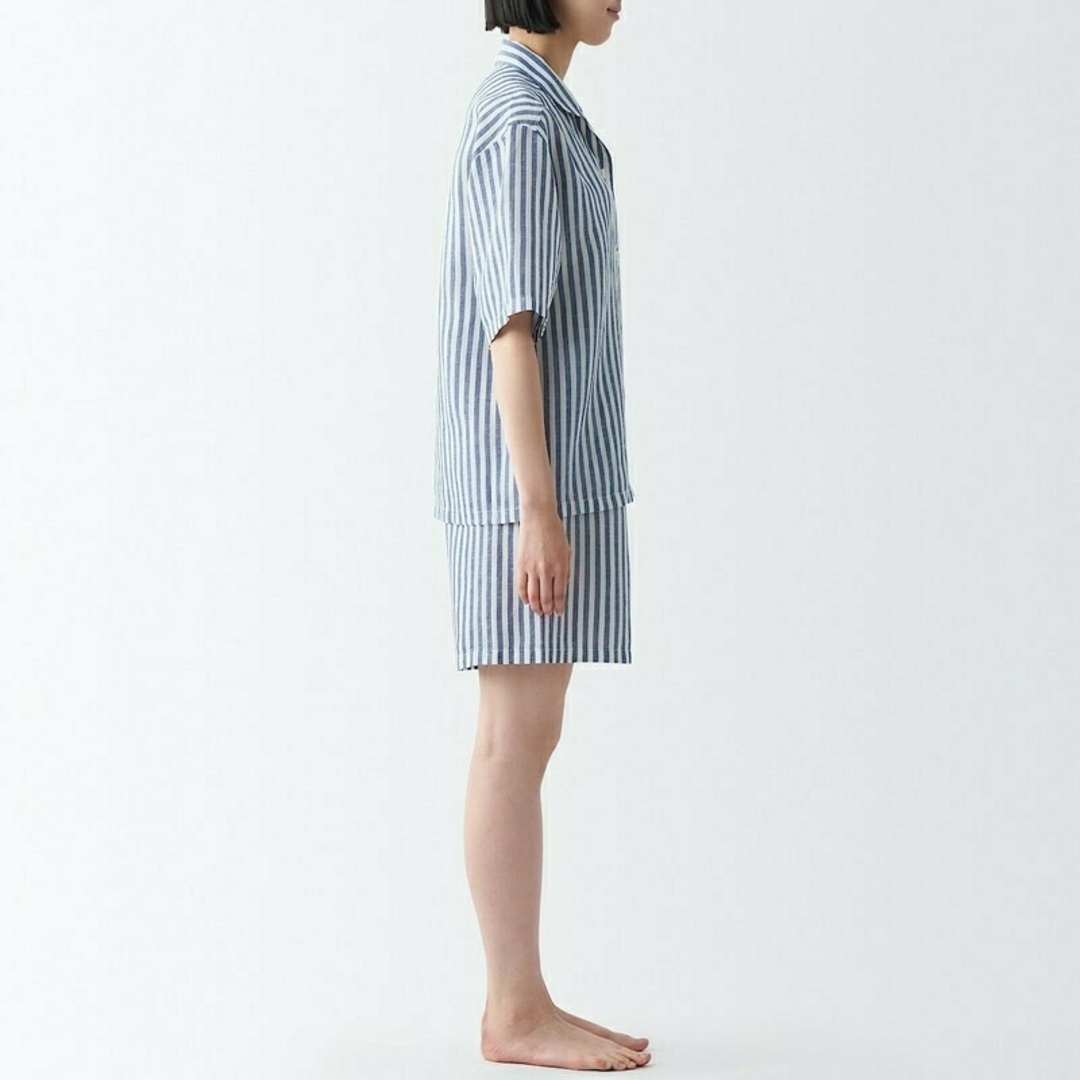 MUJI (無印良品)(ムジルシリョウヒン)の無印良品 天然素材の接触冷感 リヨセル麻半袖パジャマ／ネイビーストライプ／Ｌ レディースのルームウェア/パジャマ(パジャマ)の商品写真