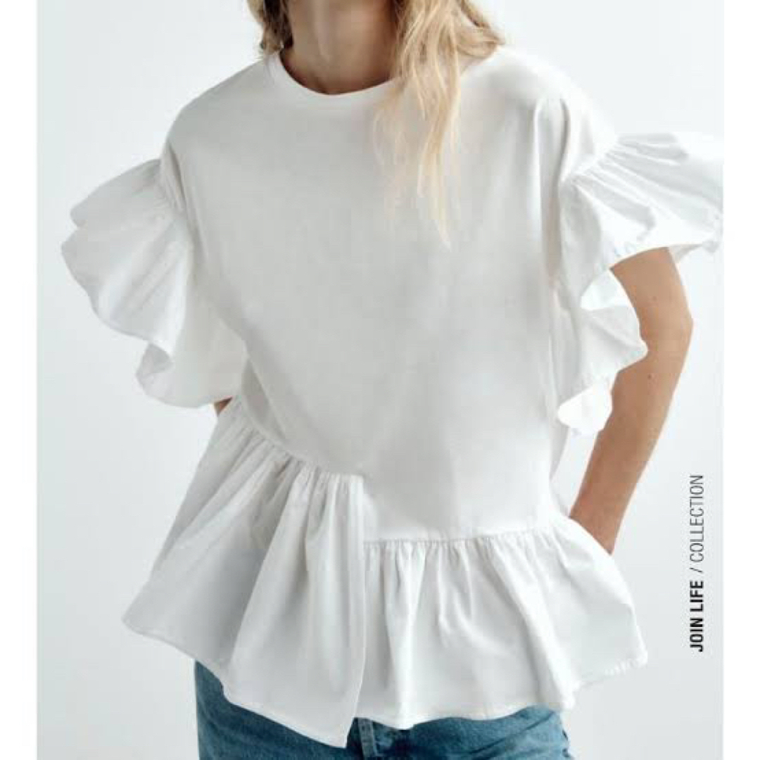 ZARA(ザラ)の歩様専用です　ZARA フリルトリムコントラストTシャツ レディースのトップス(Tシャツ(半袖/袖なし))の商品写真