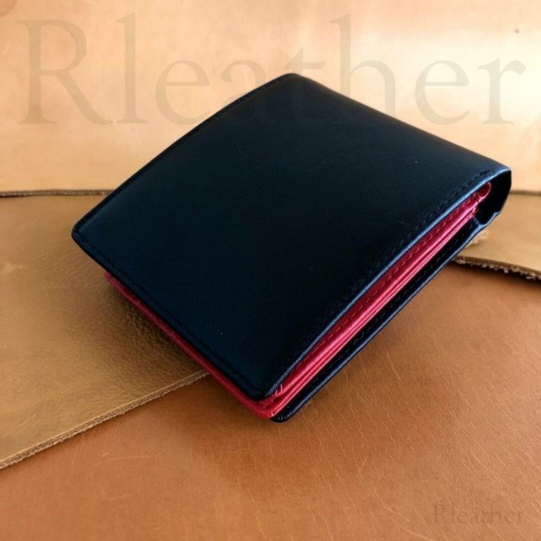 イタリアンレザー 財布 長財布 二つ折り財布 牛革 ヌメ革 黒×赤 #831