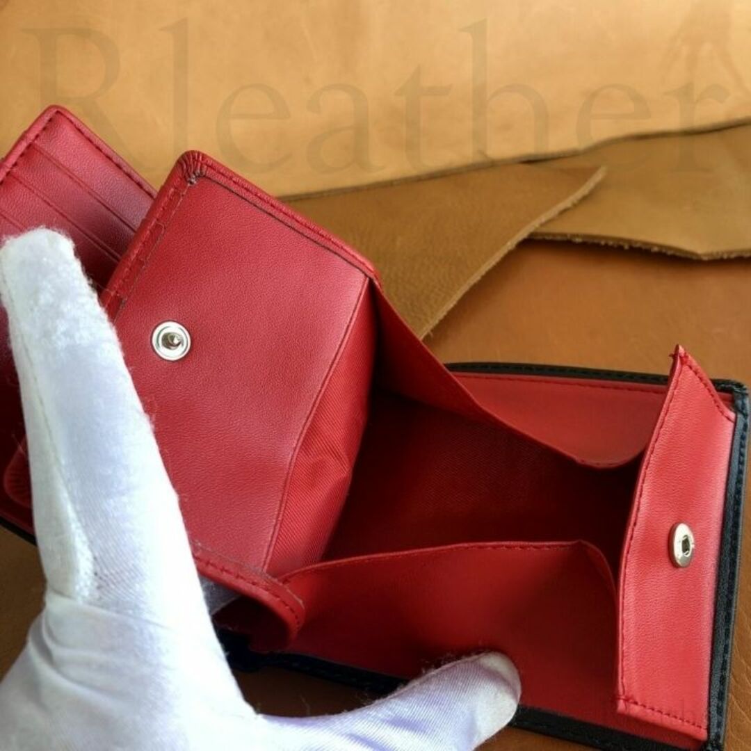 イタリアンレザー 財布 長財布 二つ折り財布 牛革 ヌメ革 黒×赤 #831