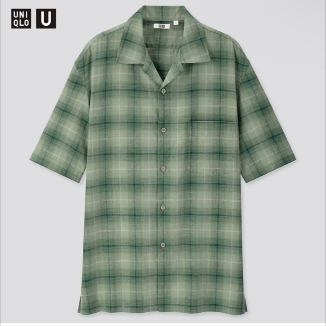 UNIQLO(ユニクロ)の新品　ユニクロU リネンコットンチェックオープンカラーシャツ　グリーン　Lサイズ メンズのトップス(シャツ)の商品写真