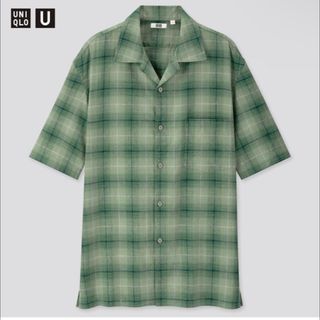 ユニクロ(UNIQLO)の新品　ユニクロU リネンコットンチェックオープンカラーシャツ　グリーン　Lサイズ(シャツ)