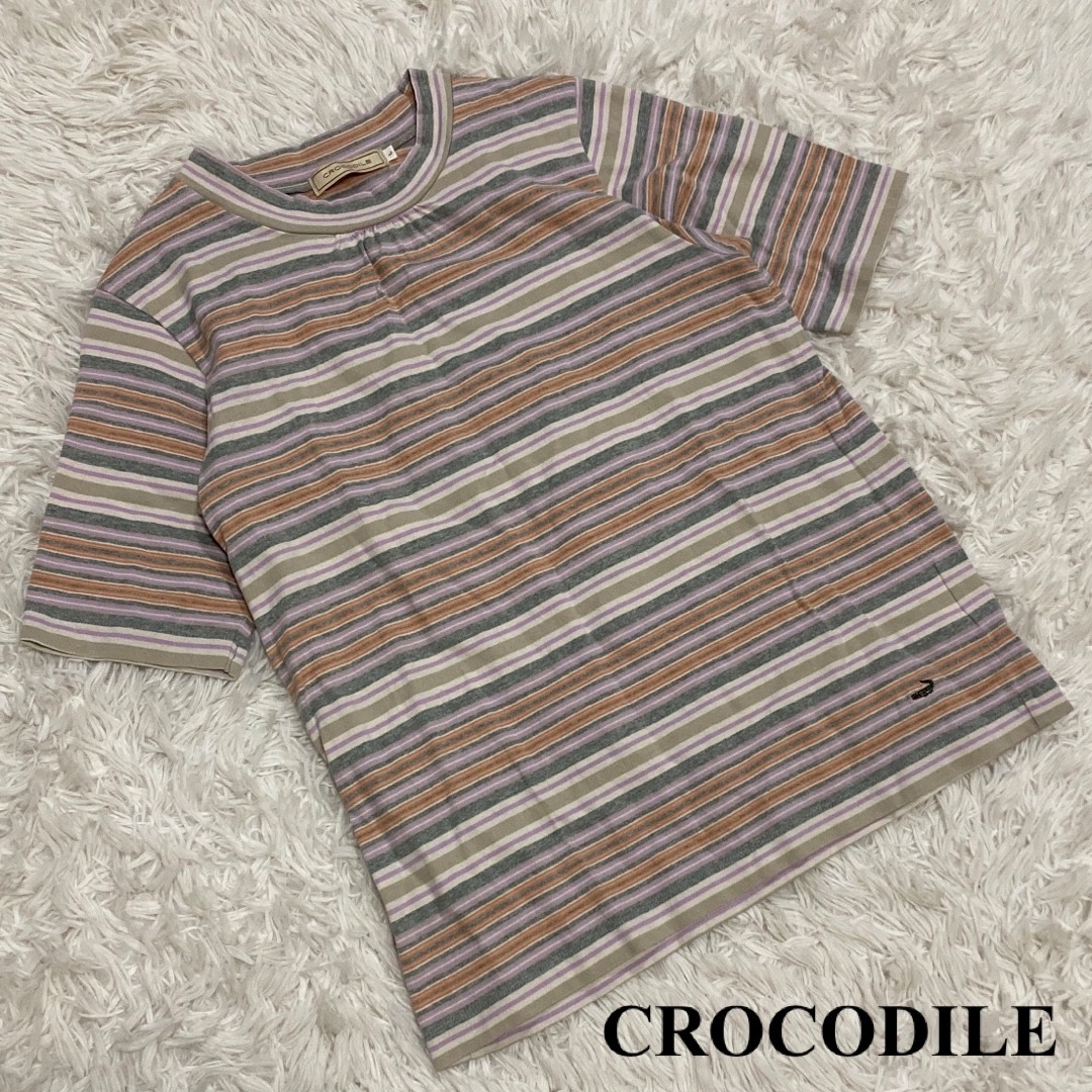 Crocodile(クロコダイル)のCROCODILE Tシャツ ボーダー マルチカラー Lサイズ 良品 レディースのトップス(Tシャツ(半袖/袖なし))の商品写真