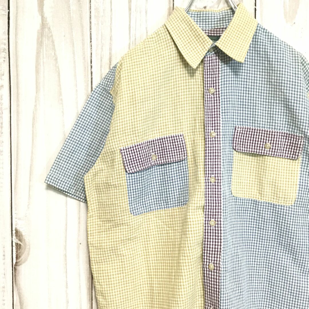 麻混 マルチカラー チェック 半袖シャツ アシンメトリー L 古着 リネン メンズのトップス(シャツ)の商品写真