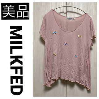 ミルクフェド(MILKFED.)の美品　ミルクフェド Tシャツ ブラウス プルオーバー リボン ピンク ファンシー(Tシャツ(半袖/袖なし))