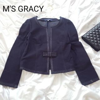 美品♡M's GRACY　リボン付きジップカーディガン　ノーカラージャケット38