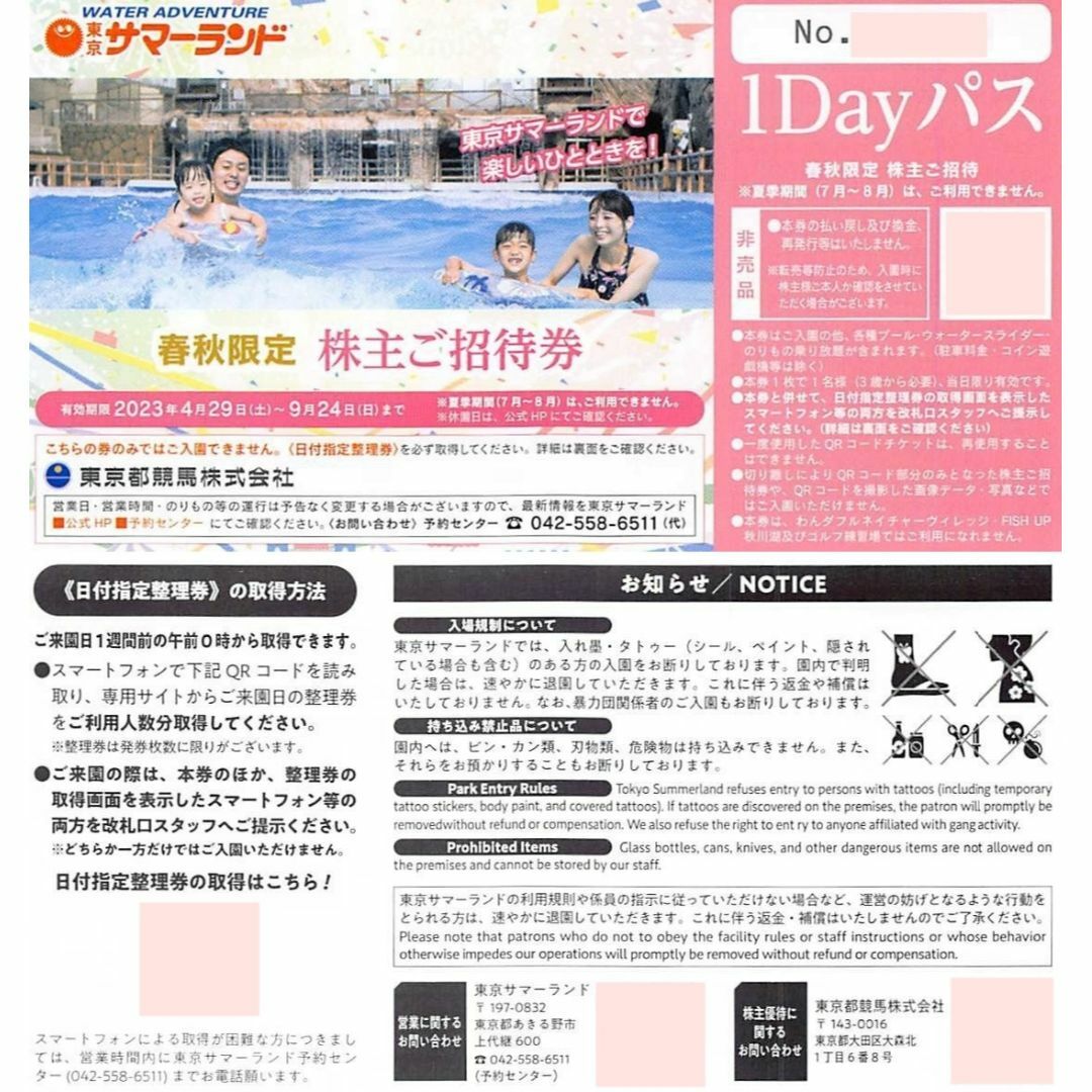 5枚　東京サマーランド フリーパス 東京都競馬 株主優待券  1Dayパス チケットの施設利用券(プール)の商品写真