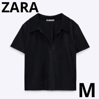 ザラ(ZARA)のZARA ポロTシャツ　ブラック　Vネック　Mサイズ　半袖　シンプル　夏服(Tシャツ(半袖/袖なし))