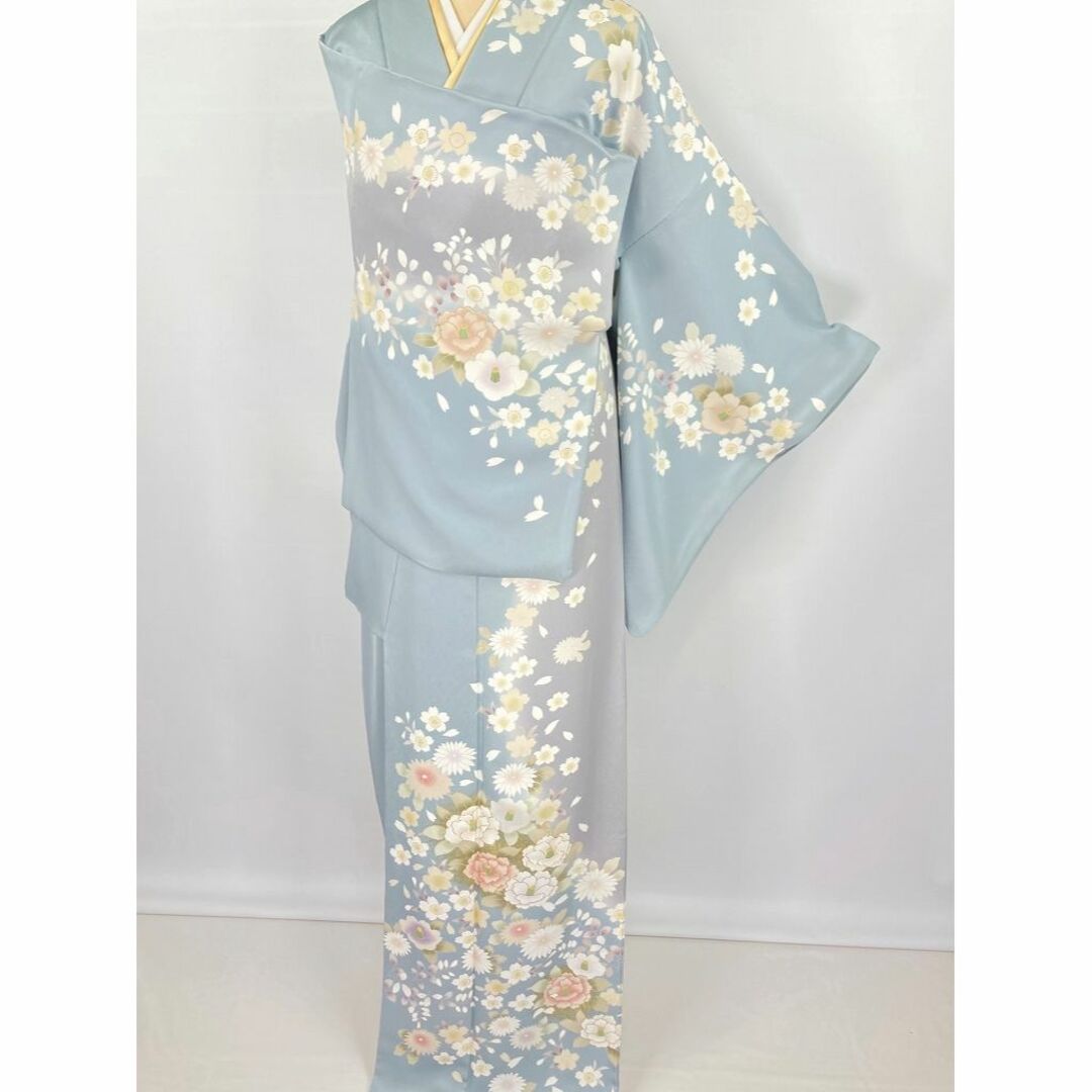 京友禅 金駒刺繍 染め分け トールサイズ 訪問着 正絹 水色 グレー 紫