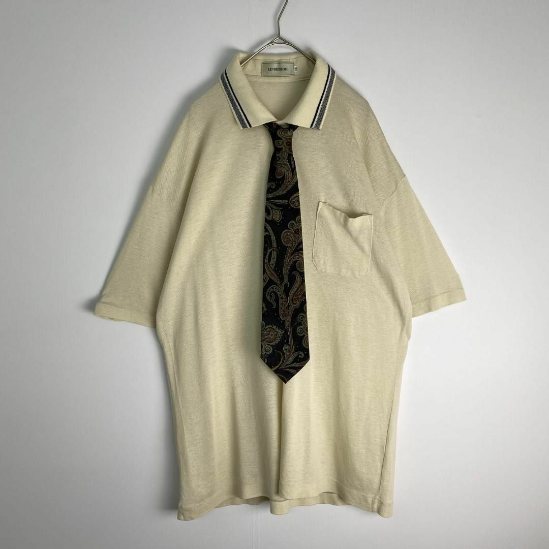 【ネクタイ×ポロシャツ ライン襟 ペイズリー柄 ベージュ 黒 古着】
