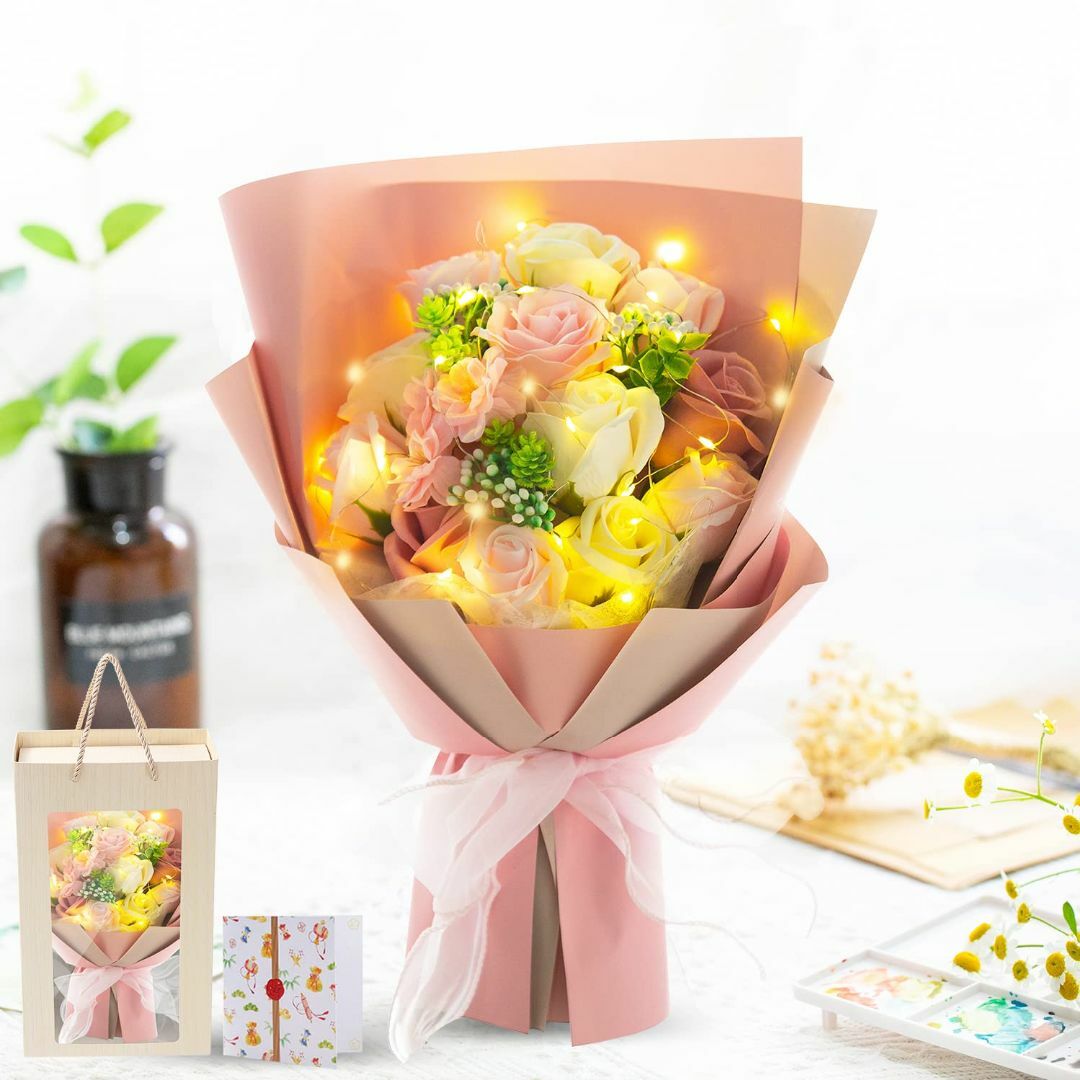 【色:13つのLED花束ピンク】母の日 LED ソープフラワー 花束 バレンタイ