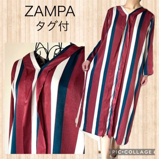 ザンパ(zampa)のタグ付　ザンパ　長袖　ロング丈　ワンピース　ストライプ　サテン　ワインレッド　(ロングワンピース/マキシワンピース)