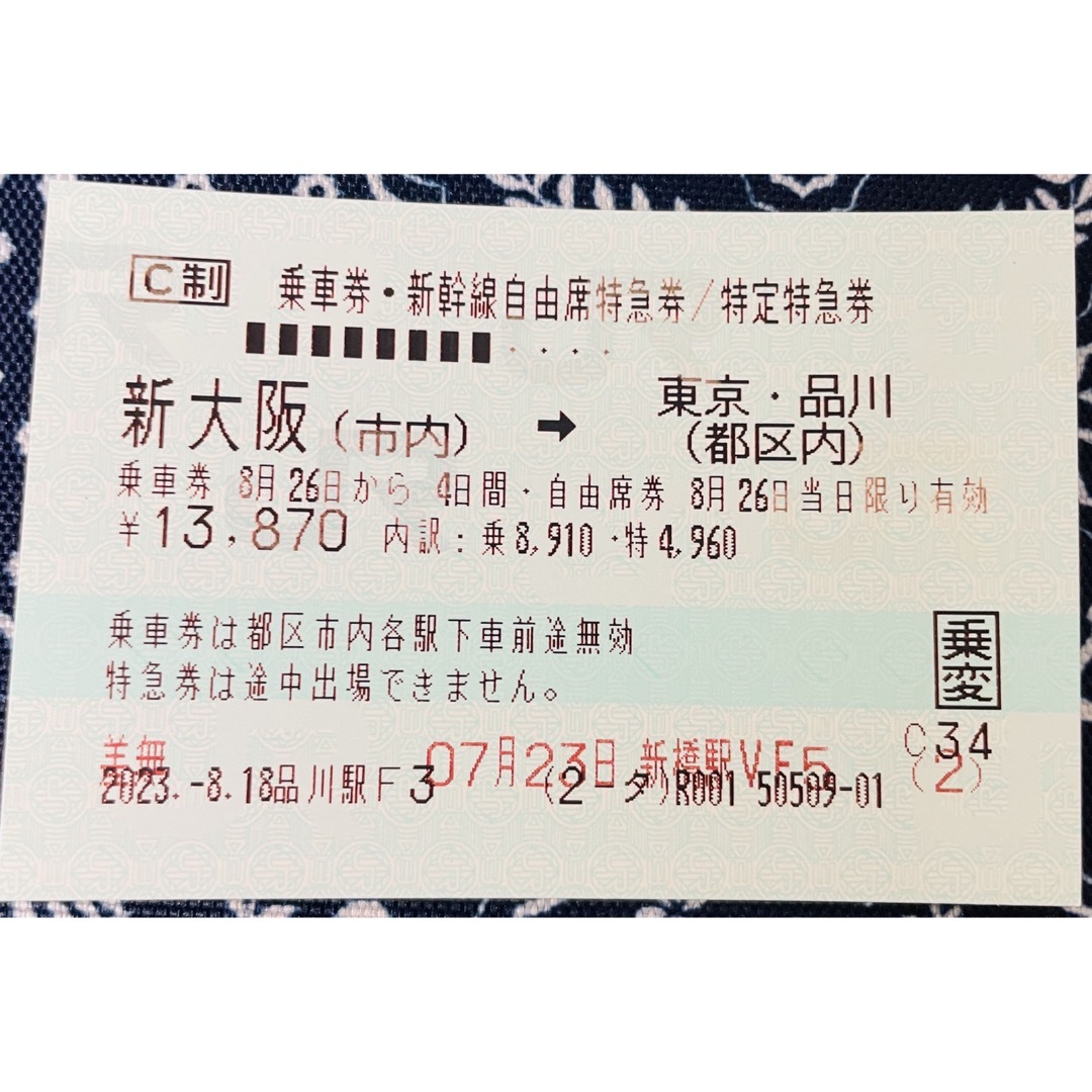 新幹線 チケット 新大阪→東京・品川　 JR乗車券 自由席 特急券のサムネイル