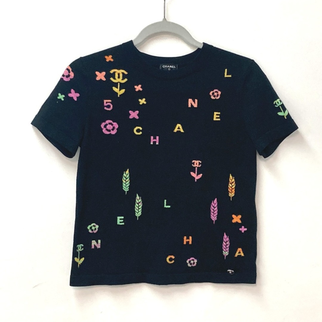 シャネル CHANEL マルチロゴ 総柄 P72160 22P ニット 半袖 トップス アパレル 半袖Ｔシャツ コットン ブラック