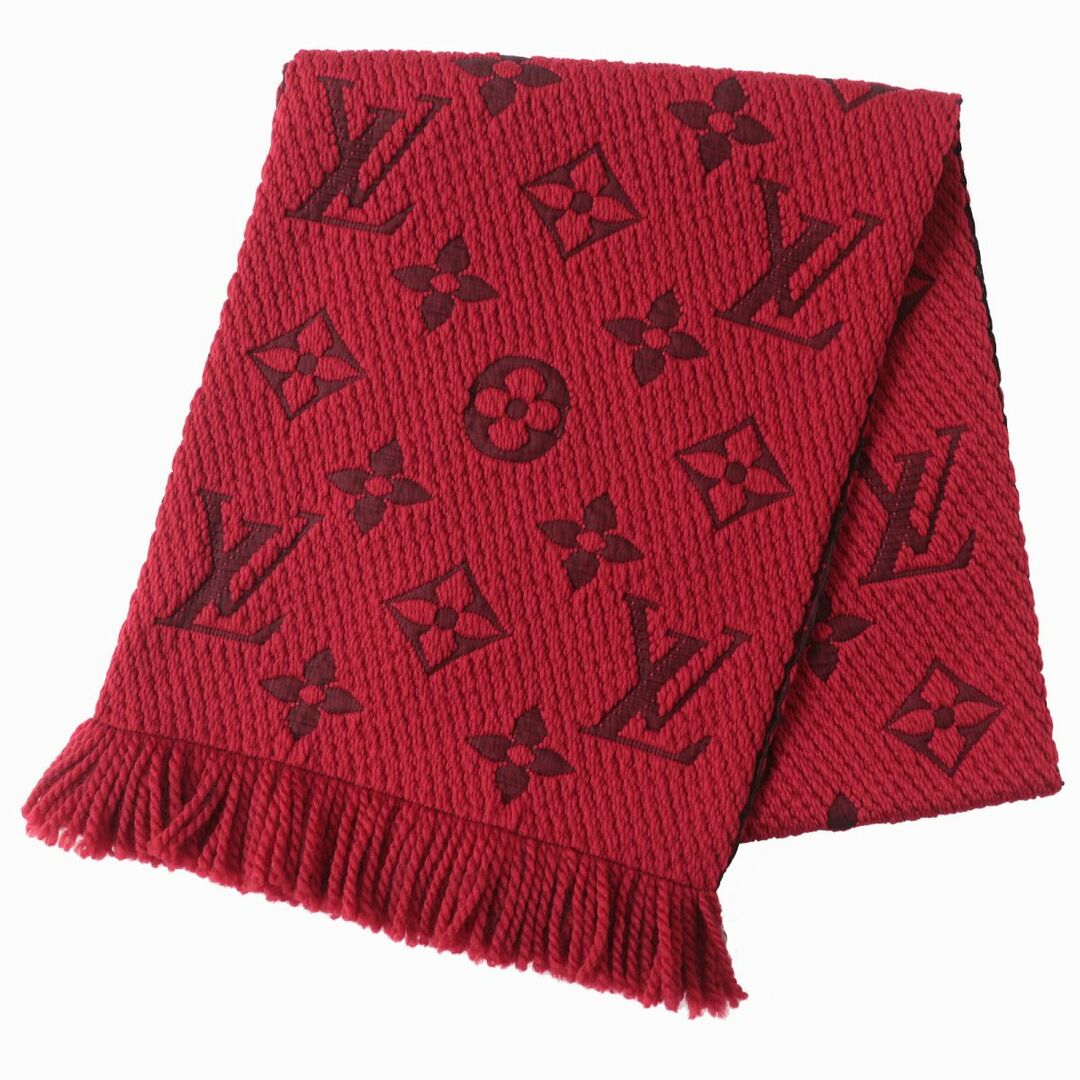 美品△正規品 LOUIS VUITTON ルイヴィトン M72432 エシャルプ ロゴマニア モノグラム シルク混 ニットマフラー ルビー レッド 伊製 箱付き