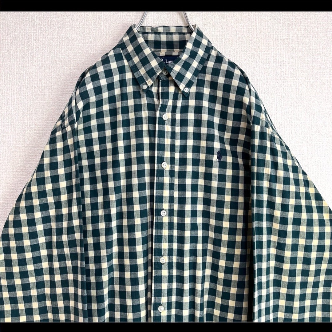 ラルフローレン　刺繍ロゴ　ナイロン長袖BDチェックシャツ　薄緑　XLゆるだぼ