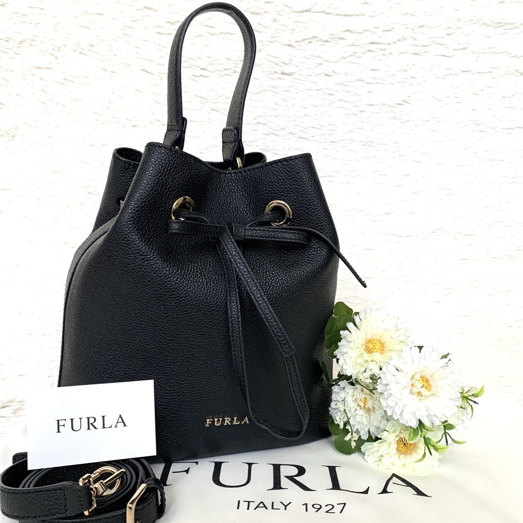 美品☆FURLA コスタンザ 2way 巾着 ショルダーバッグ ブラック 黒