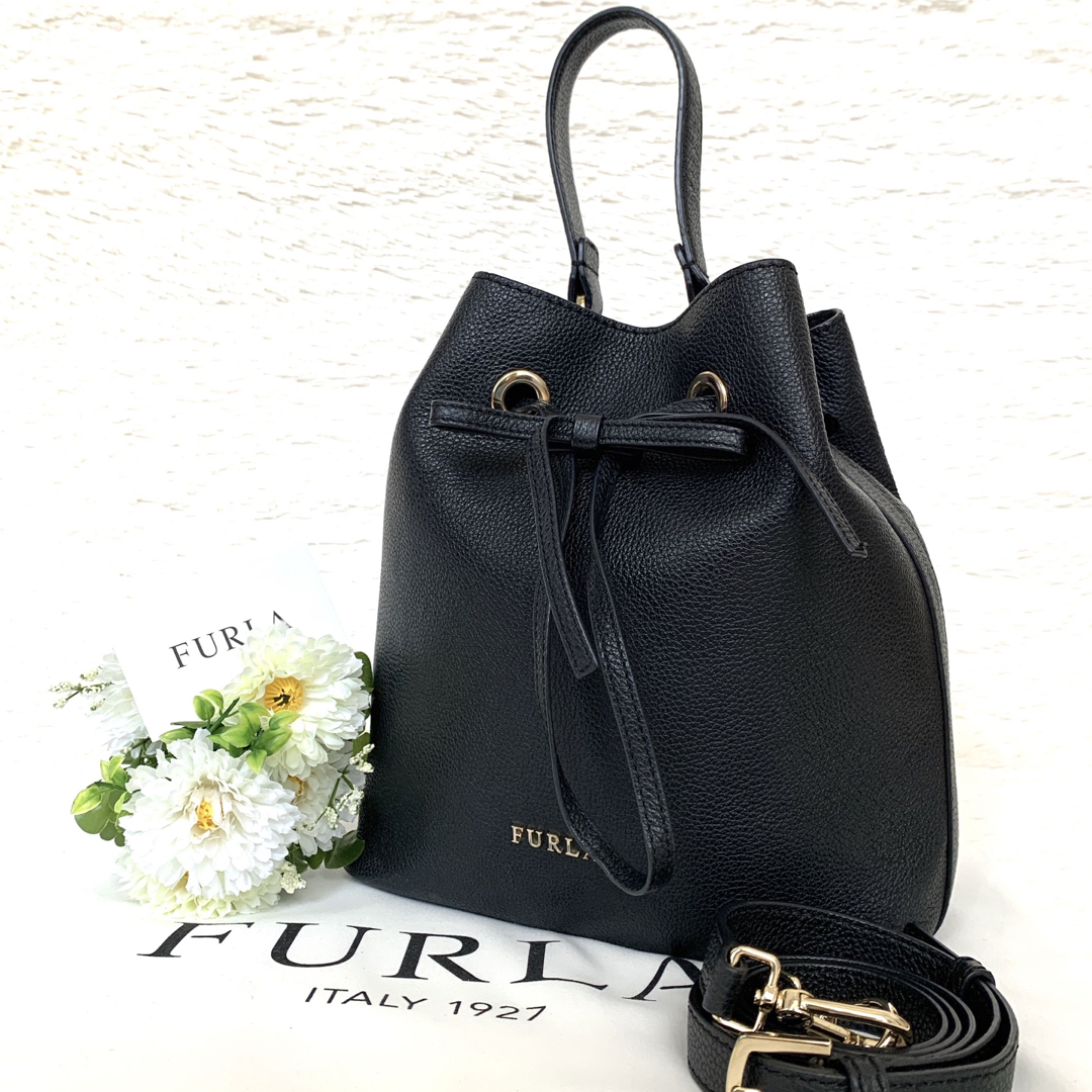 美品☆FURLA コスタンザ 2way 巾着 ショルダーバッグ ブラック 黒 1