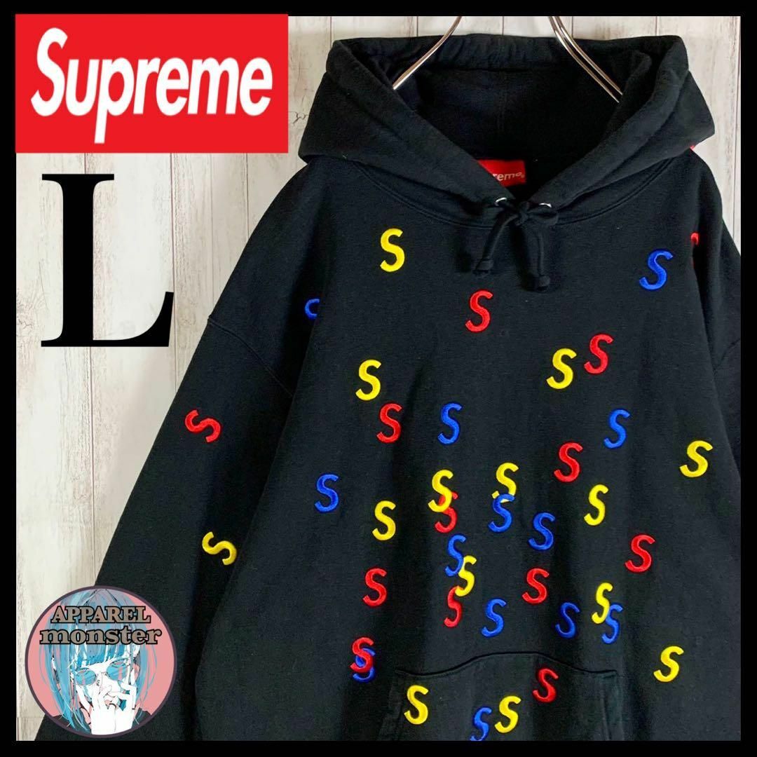 【スワロスキー】シュプリーム Sロゴ パーカー　Supreme ブラック　L