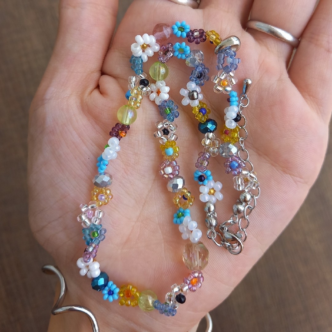 hand made beads necklace rainbow flower ハンドメイドのアクセサリー(ネックレス)の商品写真