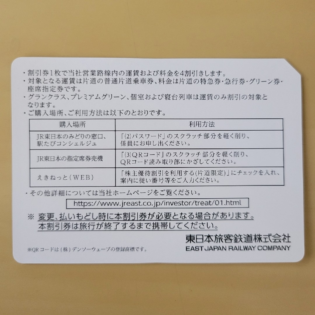 JR(ジェイアール)のJR東日本　株主優待券　1枚 チケットの乗車券/交通券(鉄道乗車券)の商品写真