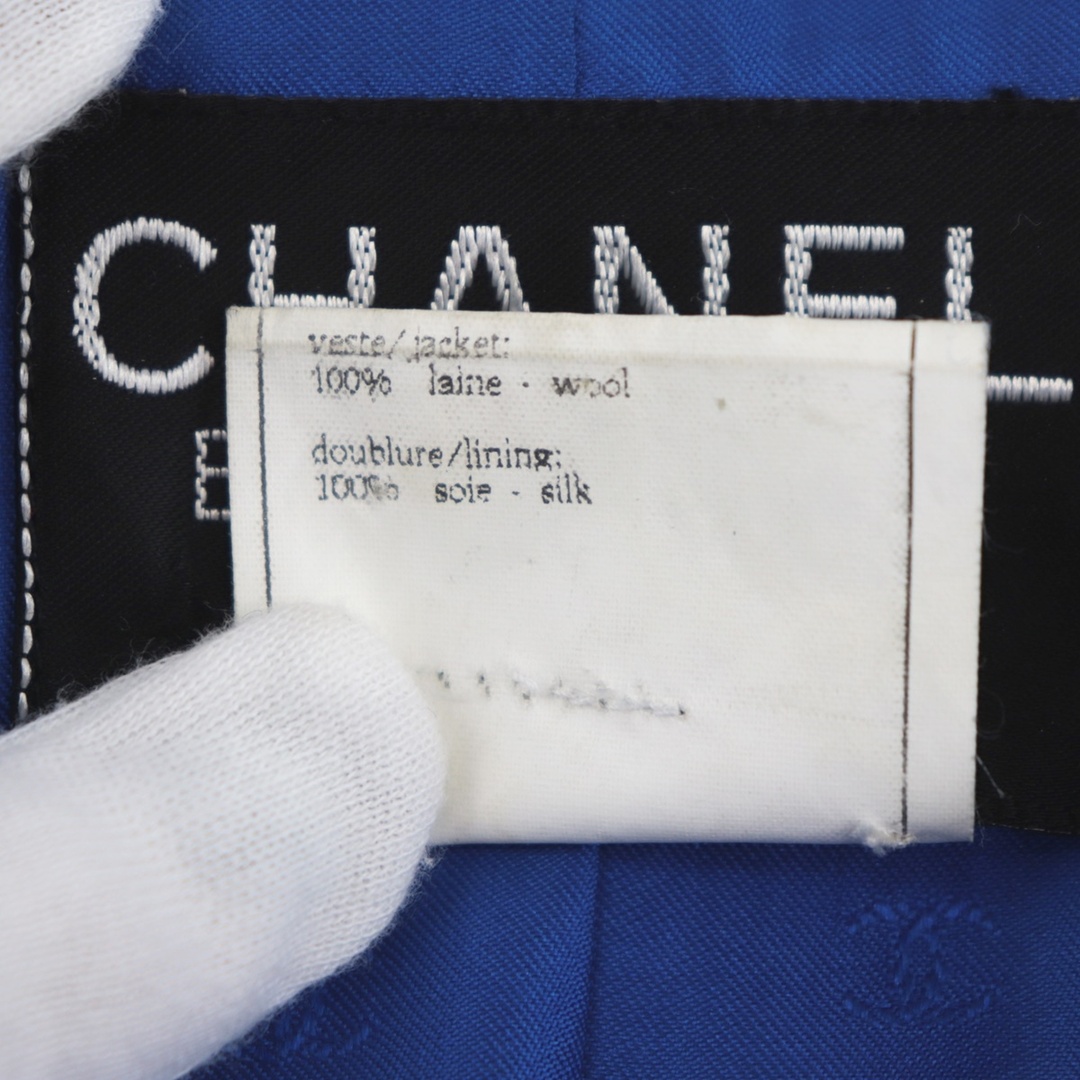 美品 シャネル ヴィンテージ 96A グリポワボタン ダブルブレストコート レディース 青 38 ココマーク CHANEL