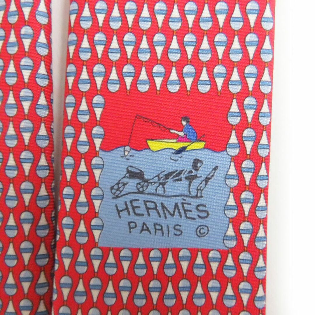 未使用品□HERMES/エルメス 646153 ウキ フィッシング 総柄 シルク100％ ネクタイ/レギュラータイ ルージュヴィフ/シエル/オレンジ 仏製