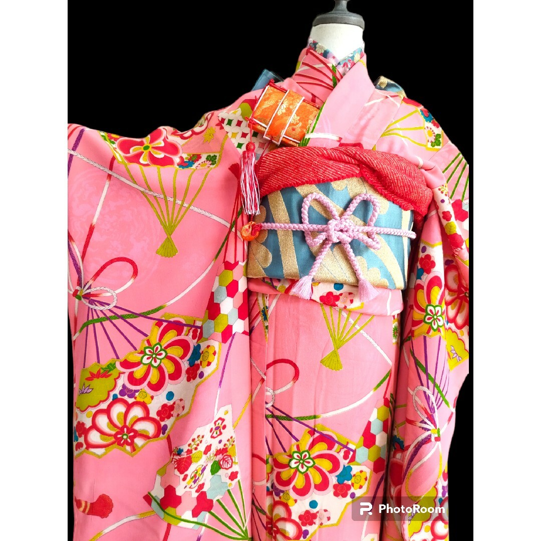 アンティーク綺麗なピンクの着物にくすみのだらり帯セット キッズ/ベビー/マタニティのキッズ服女の子用(90cm~)(和服/着物)の商品写真