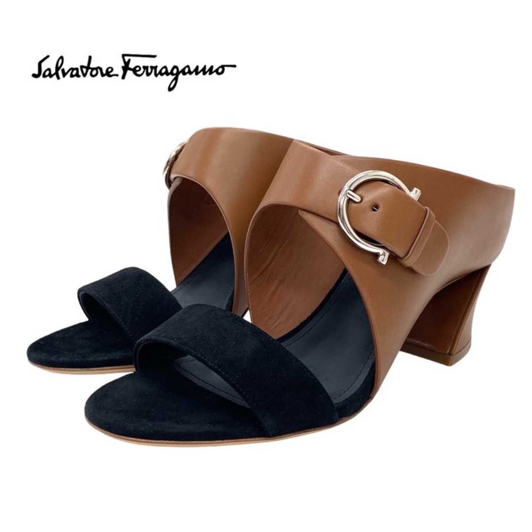 Ferragamo(フェラガモ)の未使用 フェラガモ FERRAGAMO CASSIE 70 サンダル ミュール レザー スエード バイカラー ブラウン ブラック レディースの靴/シューズ(サンダル)の商品写真