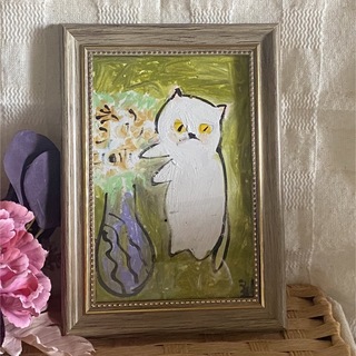 絵画。原画手描き【白い猫と花瓶の中の美しい花】