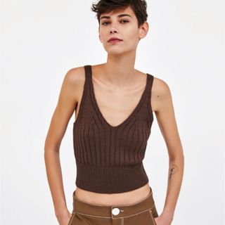 ザラ(ZARA)のZARA ザラ　リブ編みストラップトップス(カットソー(半袖/袖なし))