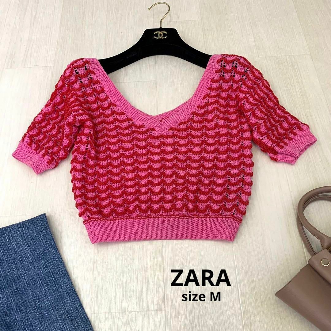 ZARA(ザラ)のZARA ザラ　サマーニット　ニット　ショート丈　Mサイズ　ピンク　レッド　半袖 レディースのトップス(Tシャツ(半袖/袖なし))の商品写真