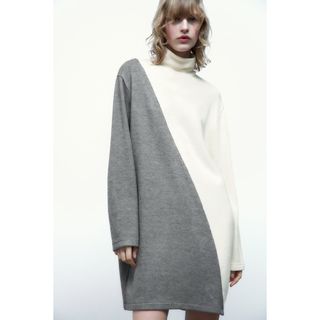 ザラ(ZARA)のZARA　ショート ソフト ワンピース　Mサイズ　ホワイト/ グレー(ひざ丈ワンピース)