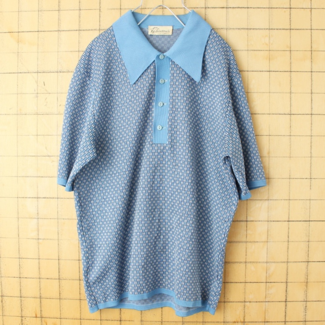 60s70s USA Robinson's 総柄ポロシャツM ブルー aw162 www ...