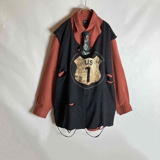 ボロベスト×ネクタイシャツ ダメージ加工 リメイク 黒 赤茶 和柄 長袖