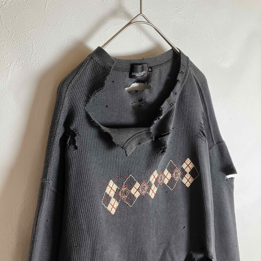 90s ビンテージ ボロスウェット ダメージ加工 リメイク 刺繍 長袖 古着-