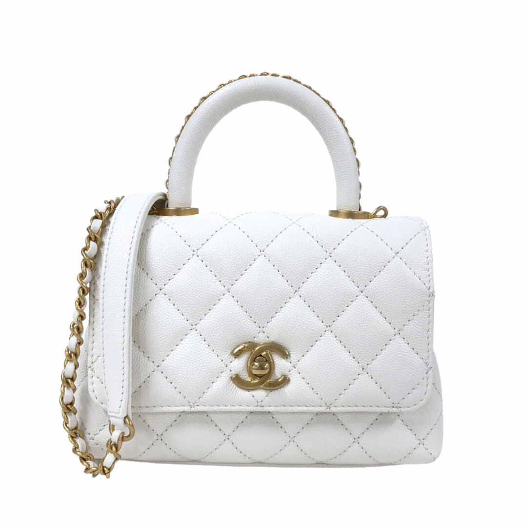 シャネル CHANEL ココハンドル XXS AS2215  ホワイト　ゴールド金具 キャビアスキン レディース ハンドバッグ