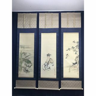 【真作】鈴木隣松/狩野栄川院典信の門人/鶴亀図/三幅対/掛軸☆宝船☆AC-786 【真作】鈴木隣松/狩野栄川院典信の門人/鶴亀図/三幅対/掛軸☆宝船☆AC-786