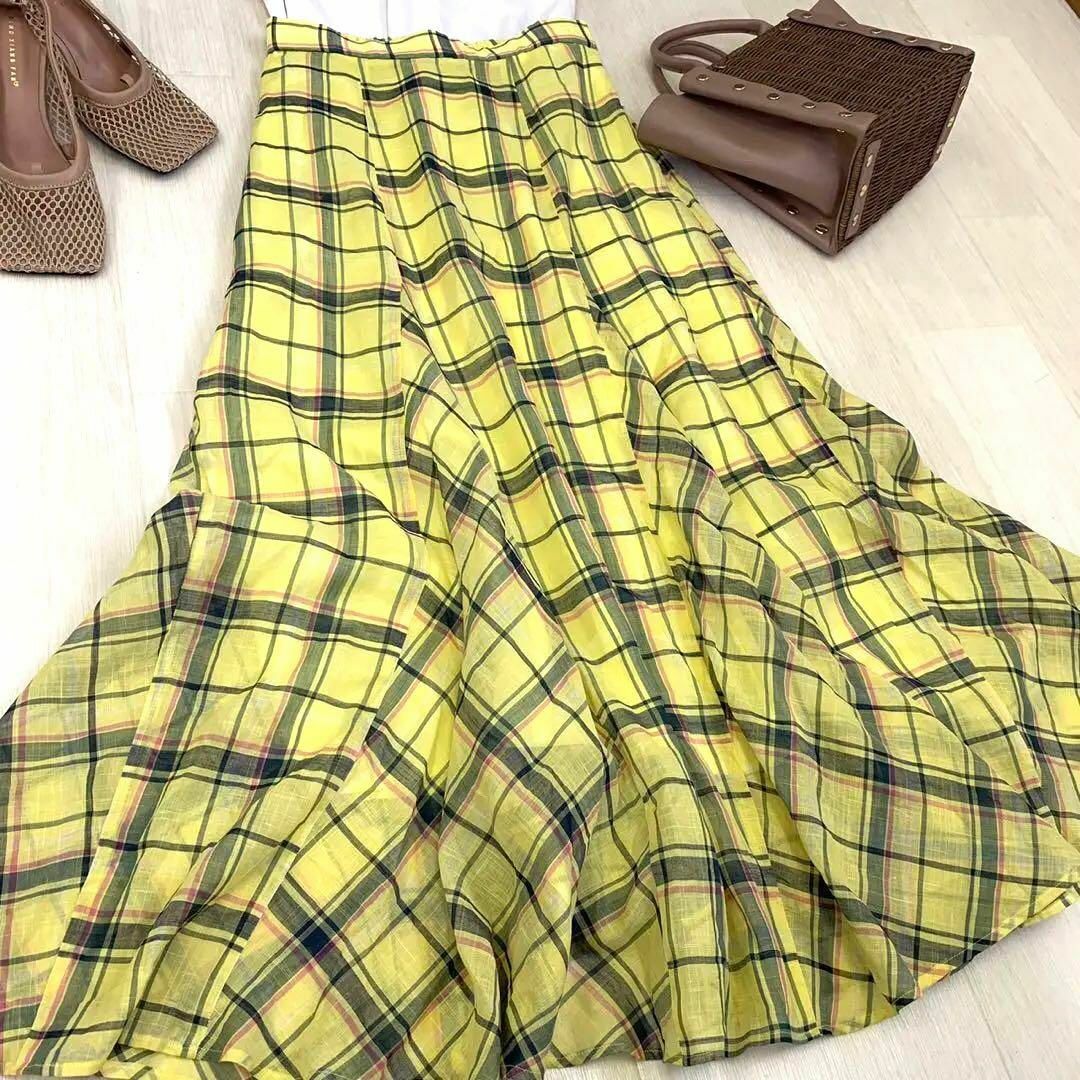 NOLLEY'S(ノーリーズ)のNOLLEY'S イエローチェックロングスカート　size M レディースのスカート(ロングスカート)の商品写真