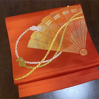 名古屋帯 濃いオレンジ 扇 単衣(帯)