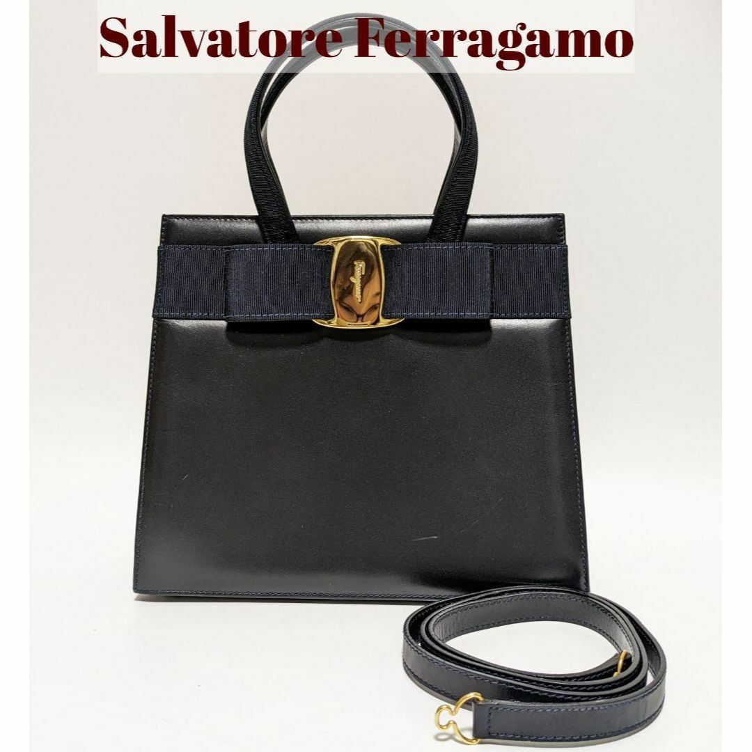 【極美品】Ferragamoフェラガモ　ヴァラリボン　2way　ネイビー | フリマアプリ ラクマ