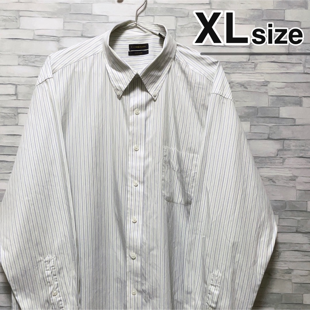 shirts(シャツ)のシャツ　長袖　XL　ストライプ　ホワイト　白　黄緑　ボタンダウン　USA古着 メンズのトップス(シャツ)の商品写真