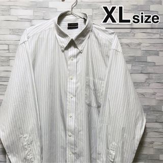 シャツ(shirts)のシャツ　長袖　XL　ストライプ　ホワイト　白　黄緑　ボタンダウン　USA古着(シャツ)