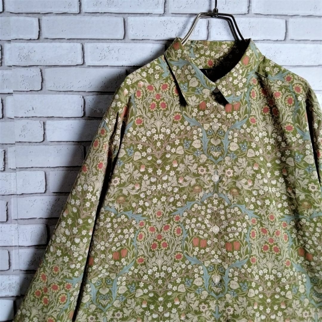ポリシャツ☆柄シャツ　長袖　日本製　ボタニカル　花　フラワー　総柄　緑　茶　白