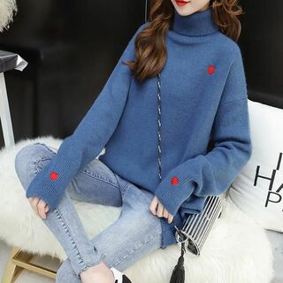 【ブルー色★ＸＬサイズ】ハート刺繍 ハイネック セーター ゆったり大きめ(ニット/セーター)