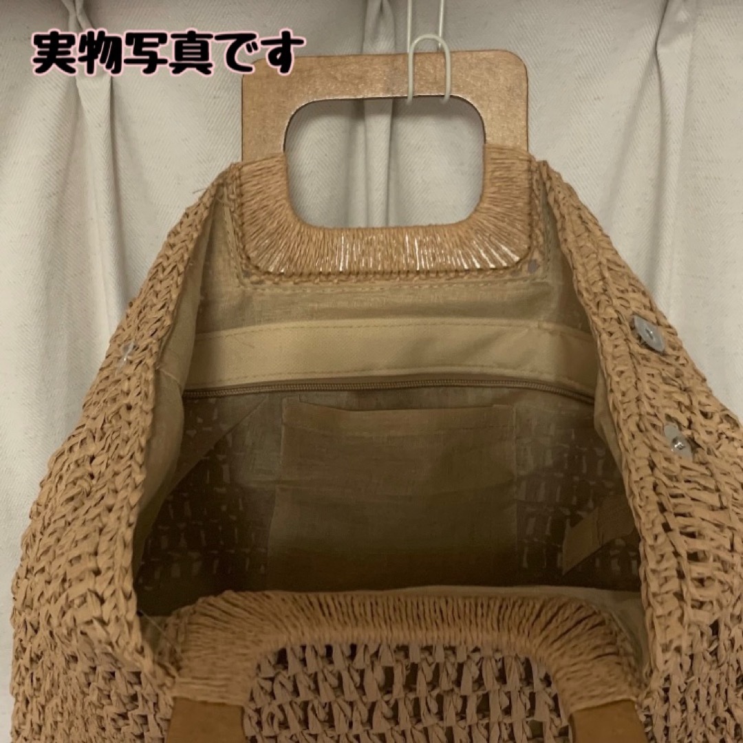 ウッド ハンドル ストロー バッグ カジュアル 麻 リネン風 茶 ハンドバッグ レディースのバッグ(かごバッグ/ストローバッグ)の商品写真