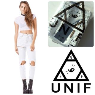 ユニフ(UNIF)の入手困難◉UNIF 正規品 ダメージデニム 白 ホワイト ダメージ デニム(デニム/ジーンズ)